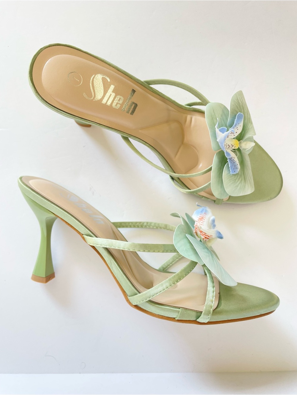 Sage Green Orchid Floral Strappy Heeled Sandals Mules Round Toe padded footbed